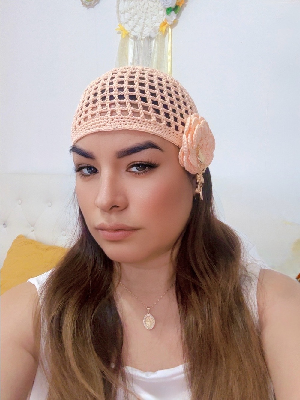 Boho orange Handmade Crochet hat beret with Flower Accent. Size M. New